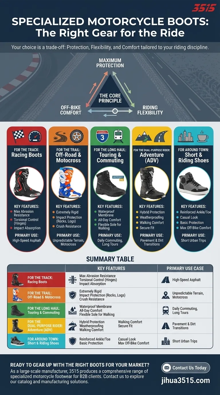 Quels sont quelques exemples de bottes de moto spécialisées pour différentes disciplines de conduite ? Trouvez votre ajustement parfait ici Guide Visuel