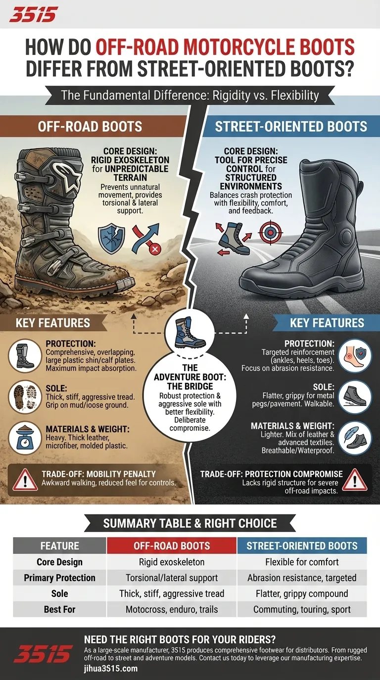 كيف تختلف أحذية الدراجات النارية للطرق الوعرة عن الأحذية الموجهة للطرق؟ شرح الصلابة مقابل المرونة دليل مرئي