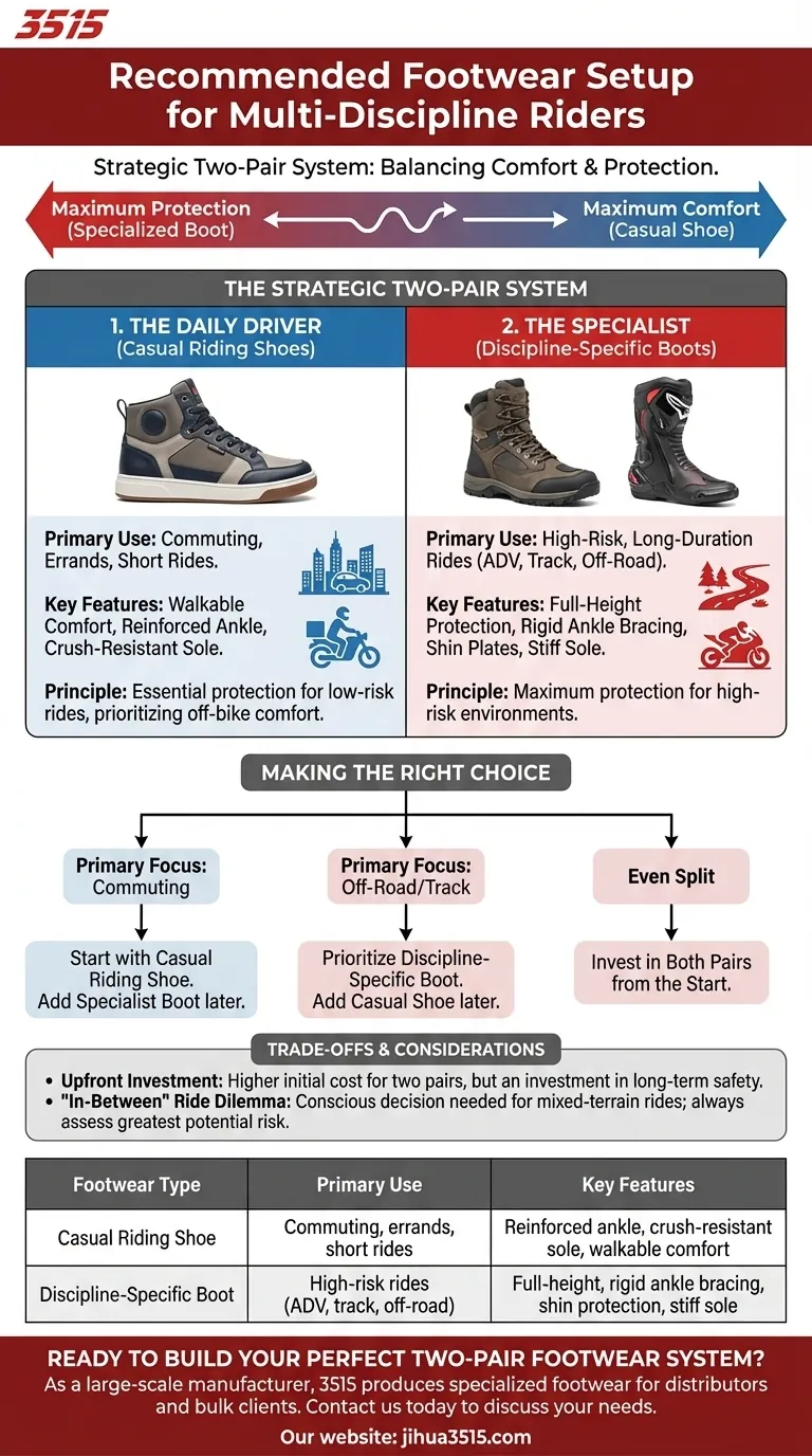 Quelle est la configuration recommandée de chaussures pour les motocyclistes qui pratiquent plusieurs disciplines de conduite ? Le système stratégique de deux paires Guide Visuel