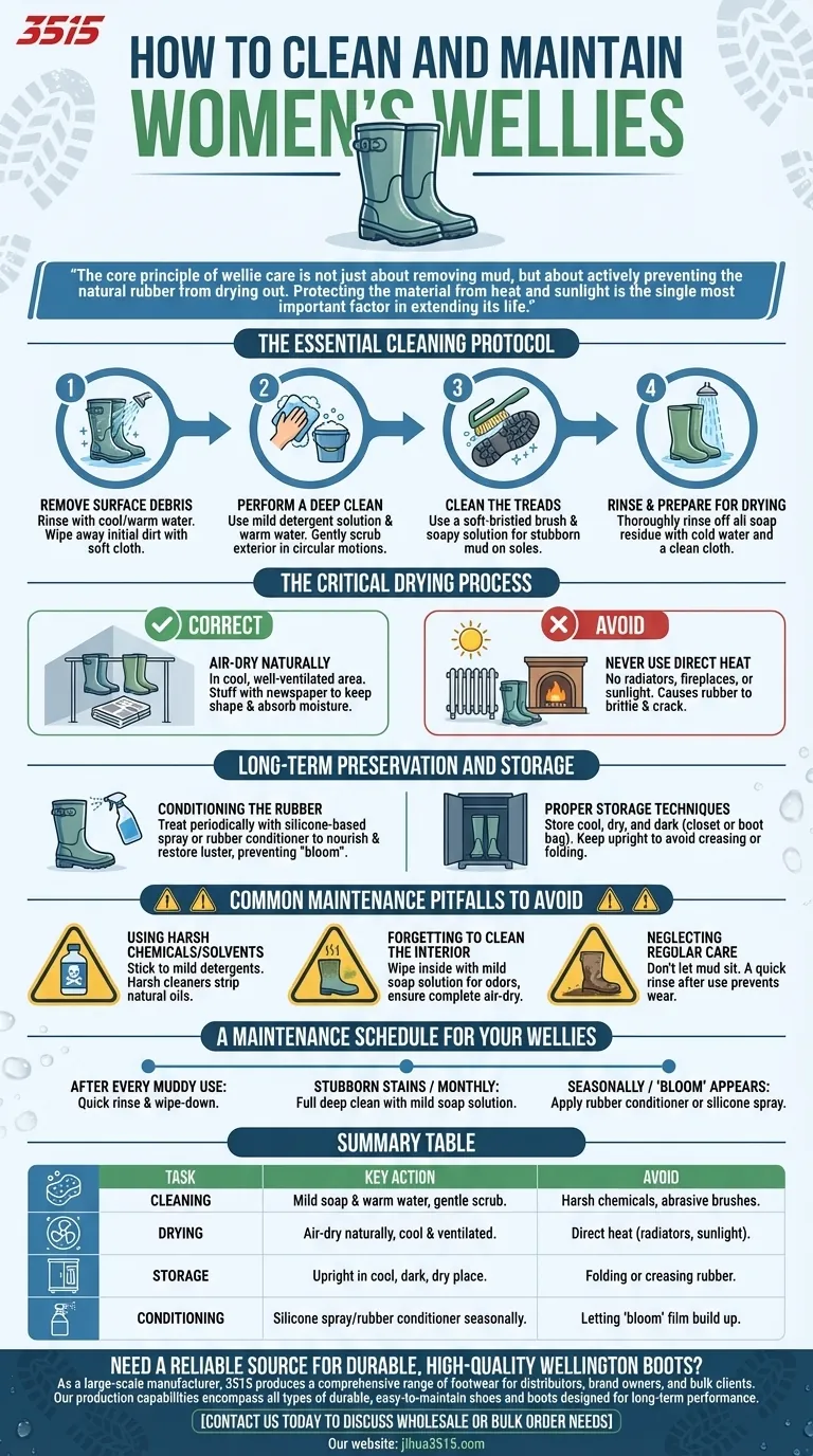 How should women's wellies be cleaned and maintained? A Simple Guide to Lasting Wear Visual Guide