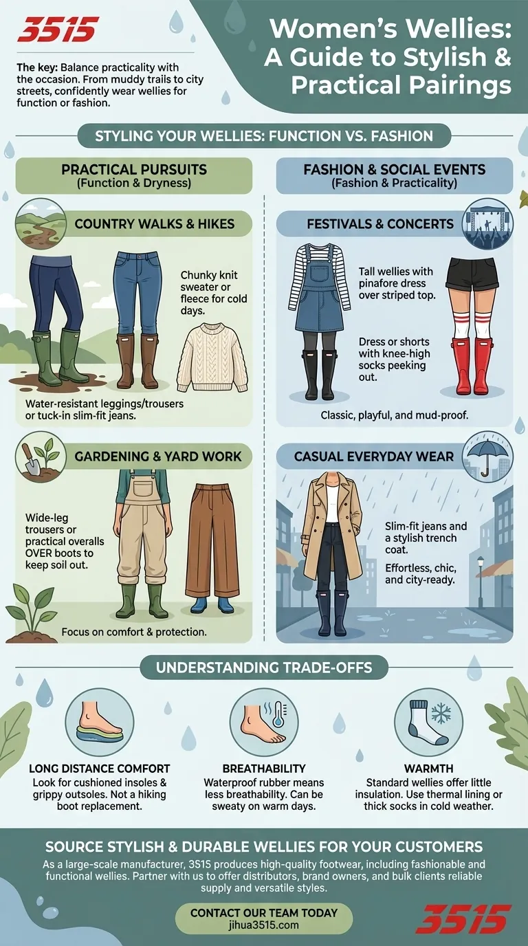 Quali idee di outfit si abbinano bene agli stivali di gomma da donna per diverse occasioni? Dai sentieri fangosi ai festival Guida Visiva