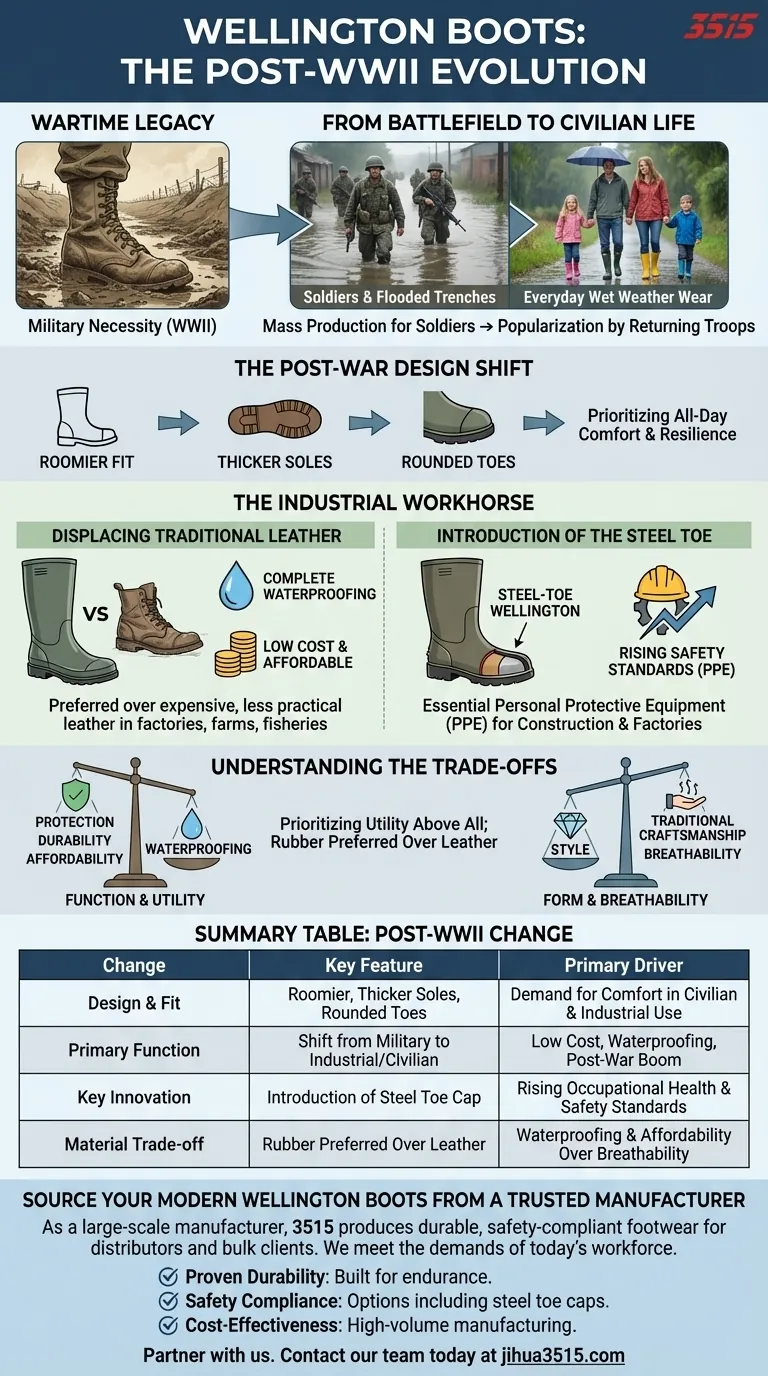 What changes occurred in Wellington boots post-World War II? A Shift from Military Gear to Industrial Staple Visual Guide