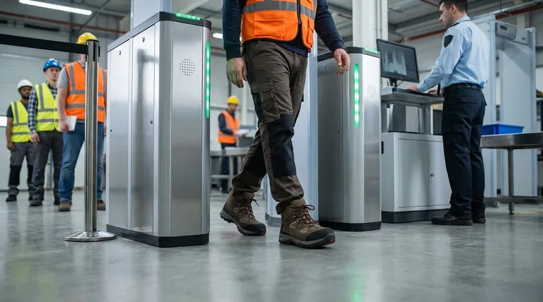 在有金属探测器的工场中,复合材料安全鞋的一个显著优势是什么?实现不间断通行和提高效率