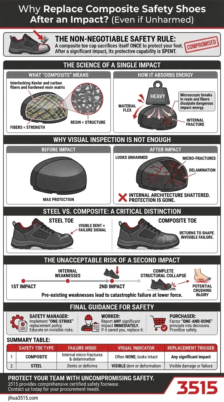 لماذا يجب استبدال أحذية السلامة المركبة بعد صدمة كبيرة؟ الخطر الخفي المشروح دليل مرئي