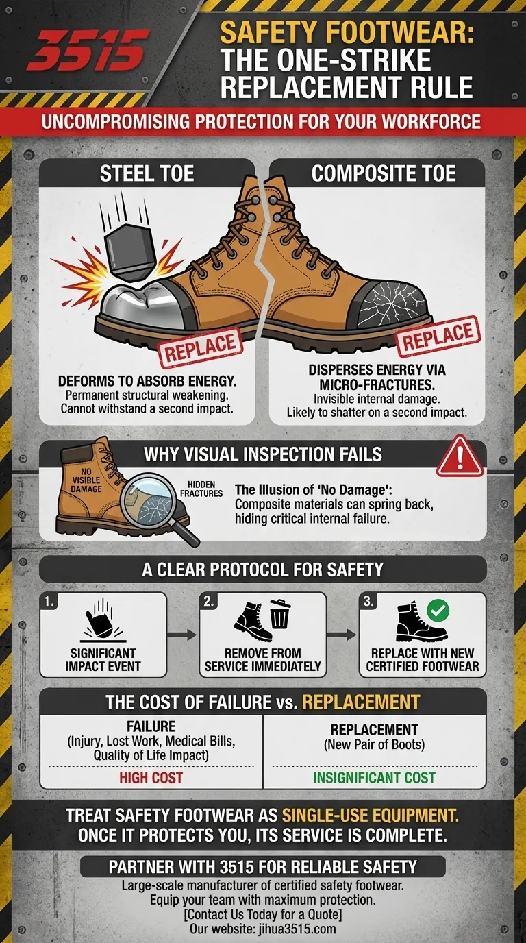 Quelle est la recommandation générale pour les chaussures de sécurité en acier et en composite après un impact important ? Remplacer immédiatement pour des raisons de sécurité. Guide Visuel