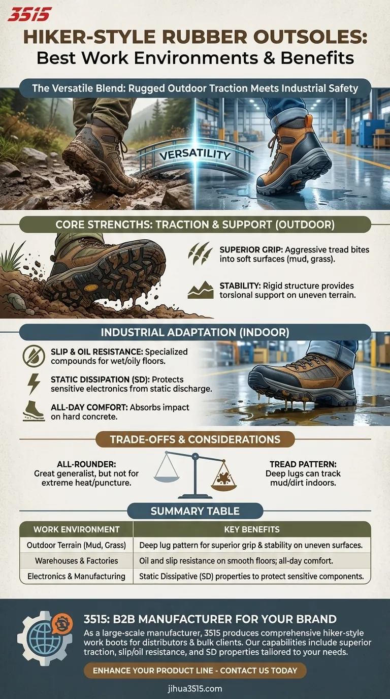 ¿Para qué tipos de entornos de trabajo son más adecuadas las suelas de goma estilo excursionista? Ideal para seguridad exterior e industrial Guía Visual
