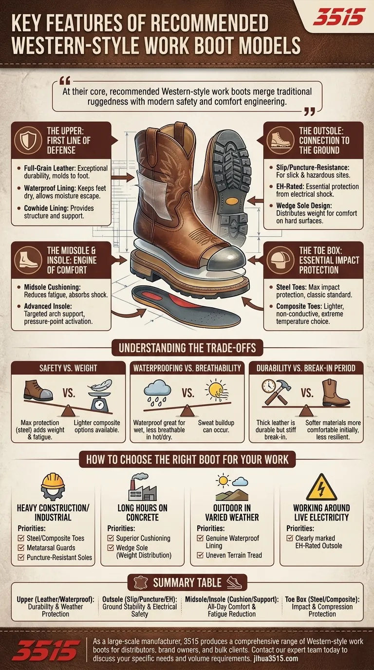 推奨されるウエスタン風ワークブーツの主な特徴は何ですか？過酷な仕事のための必須の安全性と快適性 ビジュアルガイド