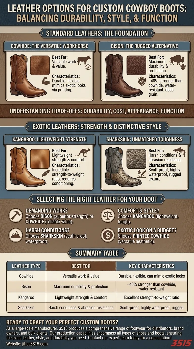 ما هي خيارات الجلود المتوفرة للأحذية رعاة البقر المخصصة؟ ابحث عن المادة المثالية لاحتياجاتك دليل مرئي
