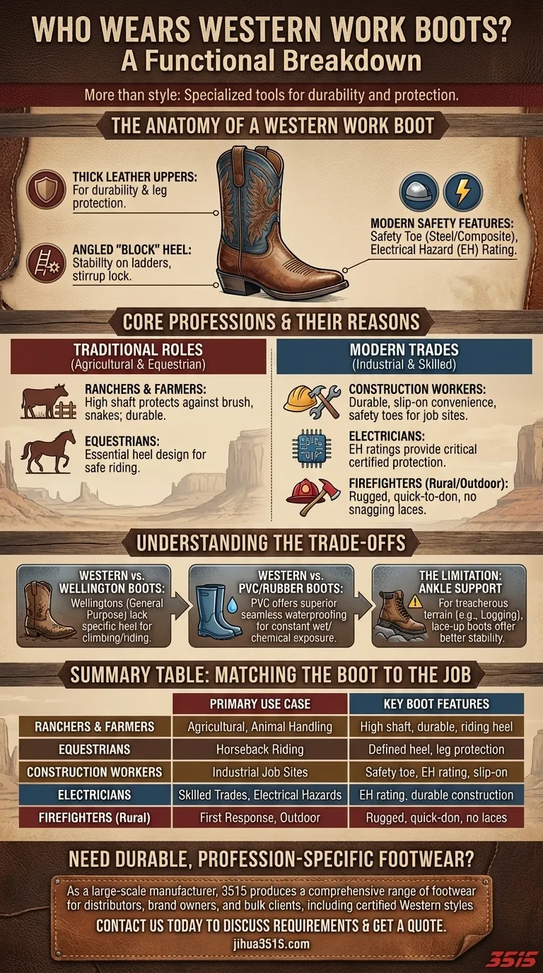 ウェスタンワークブーツは、牧場主から電気技師まで、どのような職業で一般的に使用されていますか？ ビジュアルガイド