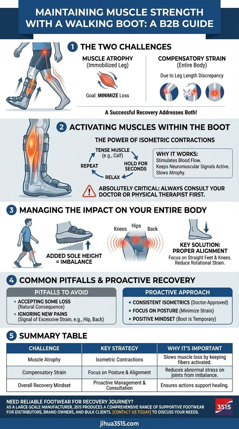 Quels sont quelques conseils pour maintenir la force musculaire tout en portant une botte de marche ? Minimiser l'atrophie et éviter les douleurs secondaires Guide Visuel