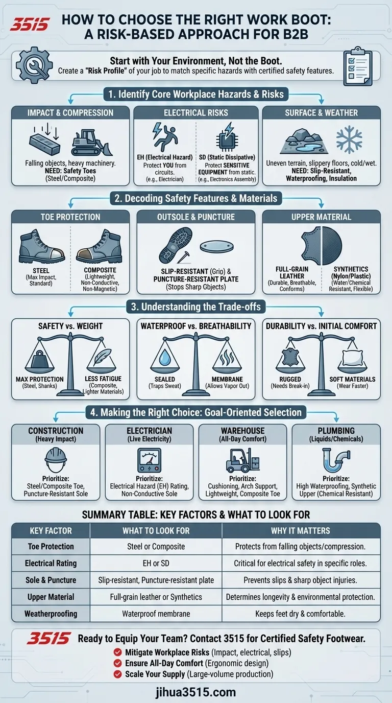 Wie wählt man den richtigen Arbeitsstiefel aus? Passen Sie die Sicherheitsmerkmale an die Gefahren Ihrer Arbeit an Visuelle Anleitung