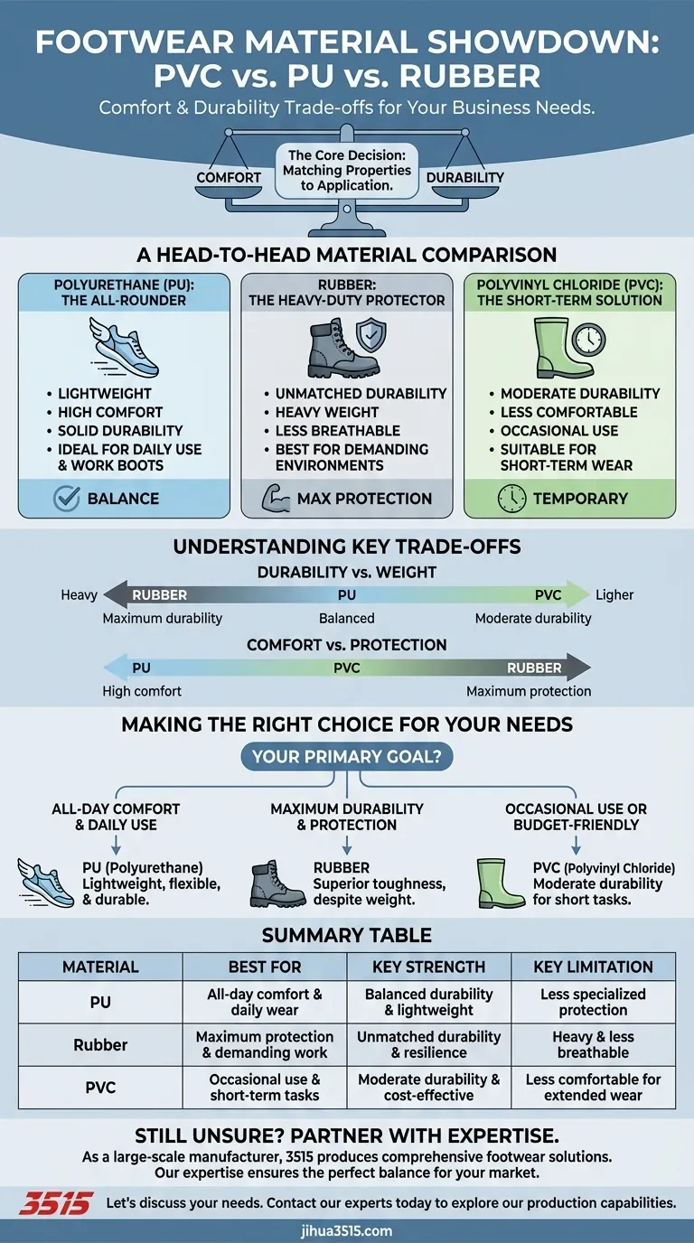 كيف تقارن مادة البولي فينيل كلورايد (PVC) والبولي يوريثين (PU) والمطاط؟ اختر المادة المناسبة للراحة والمتانة دليل مرئي