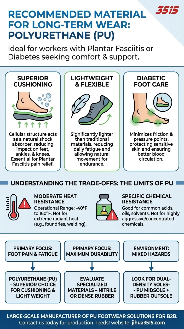 Quale materiale è raccomandato per i lavoratori che necessitano di un uso prolungato, specialmente quelli con fascite plantare o diabete? PU per un comfort superiore Guida Visiva