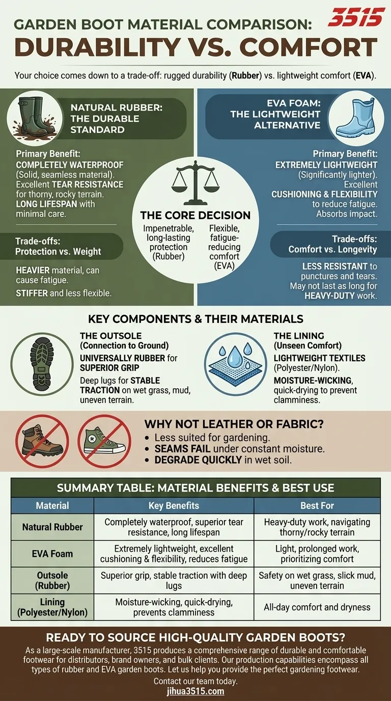 ما هي المواد المستخدمة في أحذية الحديقة؟ اختر بين المطاط المتين أو رغوة EVA خفيفة الوزن دليل مرئي