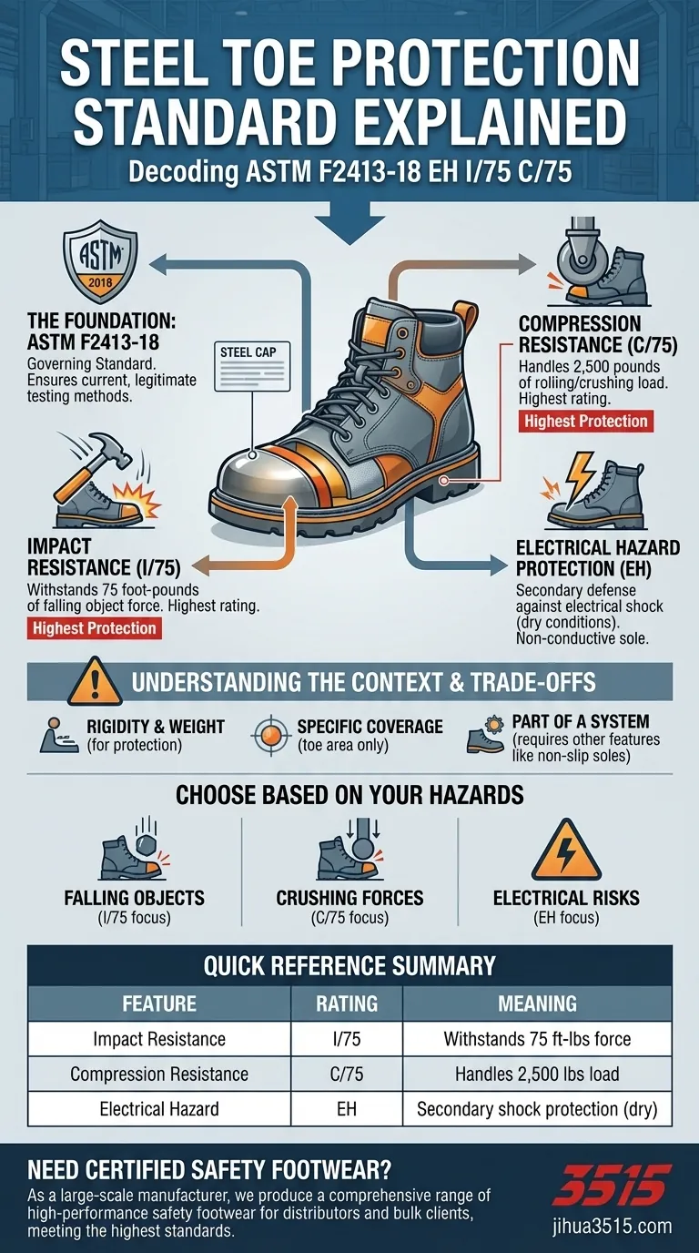 What protection standard does the steel toe meet? Achieve Maximum Impact & Compression Safety Visual Guide