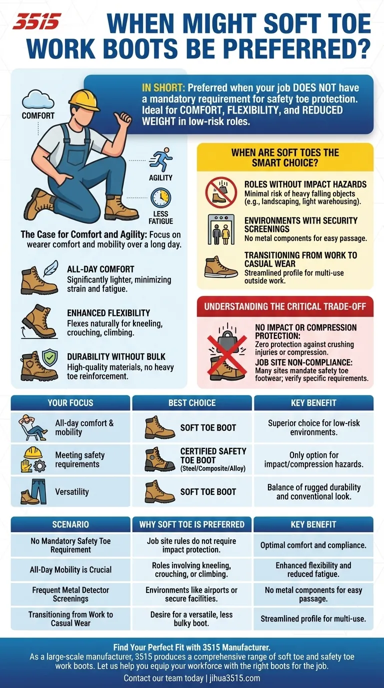 When might soft toe work boots be preferred? Prioritize Comfort & Agility for Low-Risk Jobs Visual Guide
