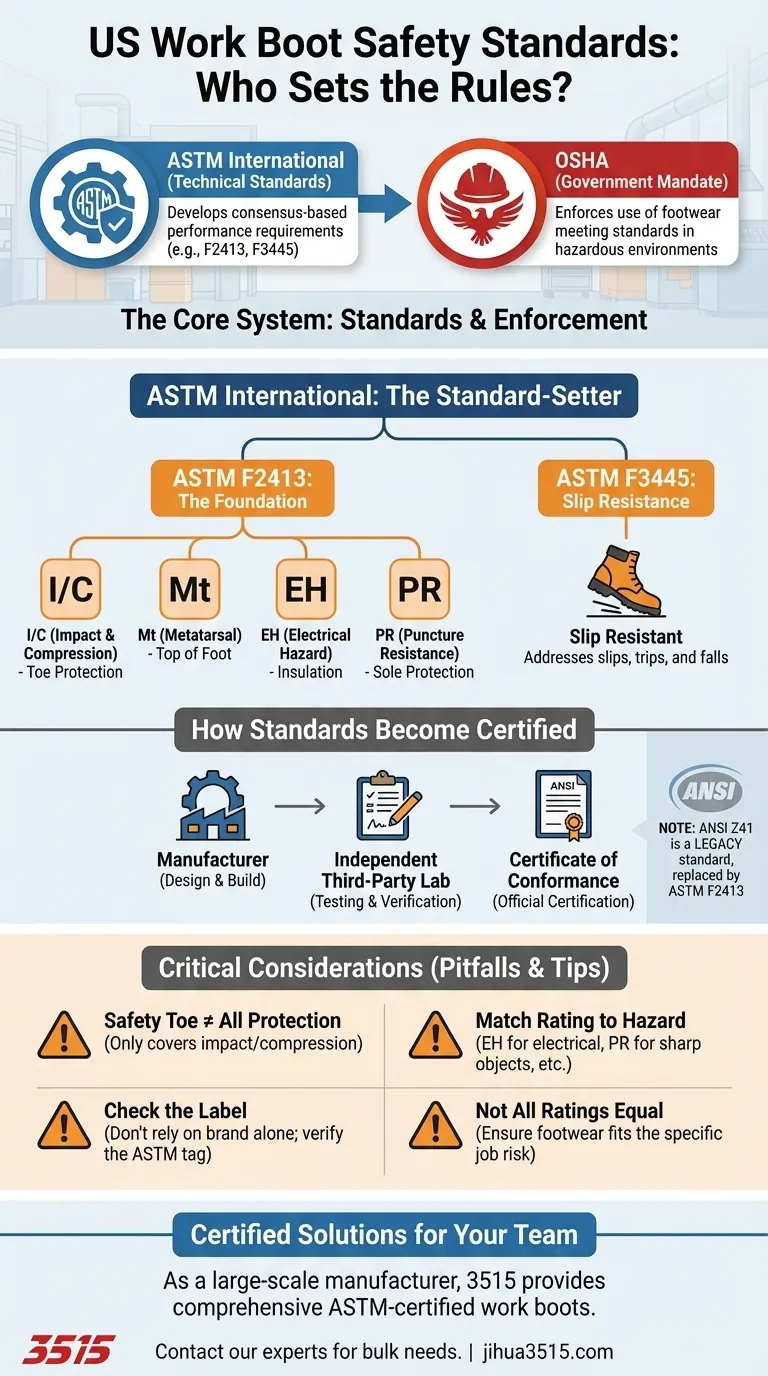 What organization provides safety standards for work boots? Meet ASTM International, the Key to OSHA Compliance Visual Guide