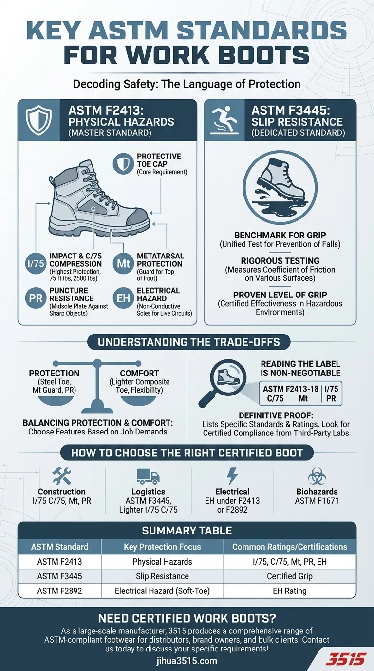 作業用ブーツの主要なASTM規格は何ですか？認定された履物の安全性に関するガイド ビジュアルガイド