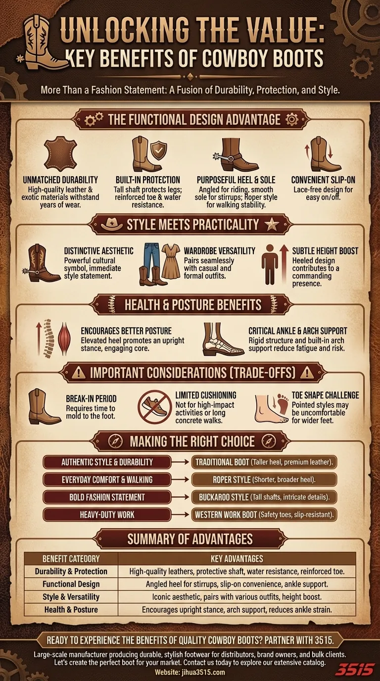 ما هي الفوائد الرئيسية لارتداء أحذية رعاة البقر؟ من المتانة إلى الأناقة ودعم الوضعية دليل مرئي