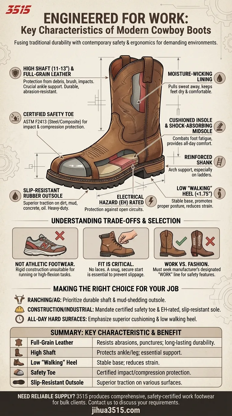 카우보이 부츠가 작업에 적합하게 만드는 주요 특징은 무엇인가요? 내구성과 안전 기능 알아보기 시각적 가이드