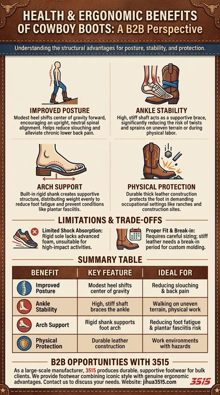 What health benefits are associated with wearing cowboy boots? Improve Posture & Ankle Support Visual Guide