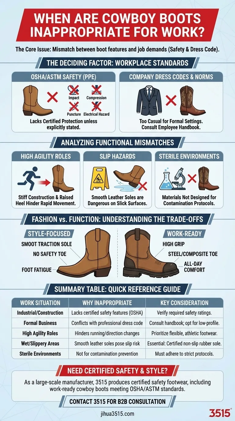 ¿En qué situaciones laborales podrían no ser apropiadas las botas de cowboy? Una guía sobre seguridad y cumplimiento del código de vestimenta Guía Visual