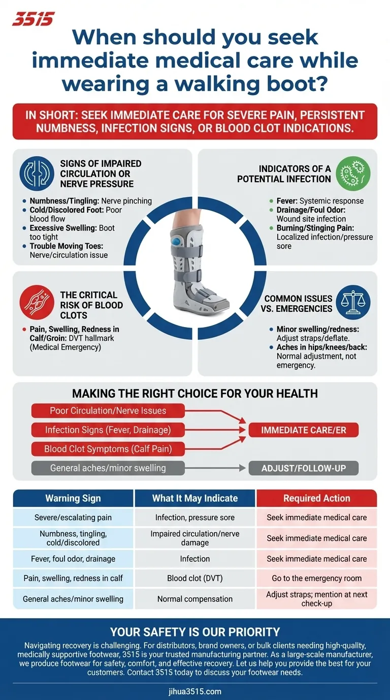 워킹 부츠를 착용하는 동안 즉각적인 의료 진료를 받아야 하는 경우는 언제인가요? 심각한 경고 신호를 인지하세요. 시각적 가이드