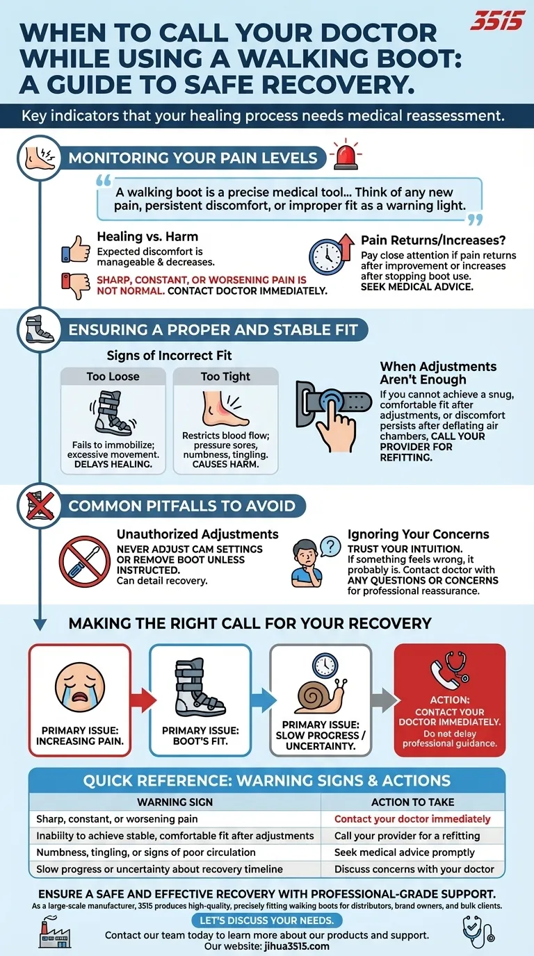 What changes in health should prompt contacting a doctor while using a walking boot? Key Warning Signs Visual Guide