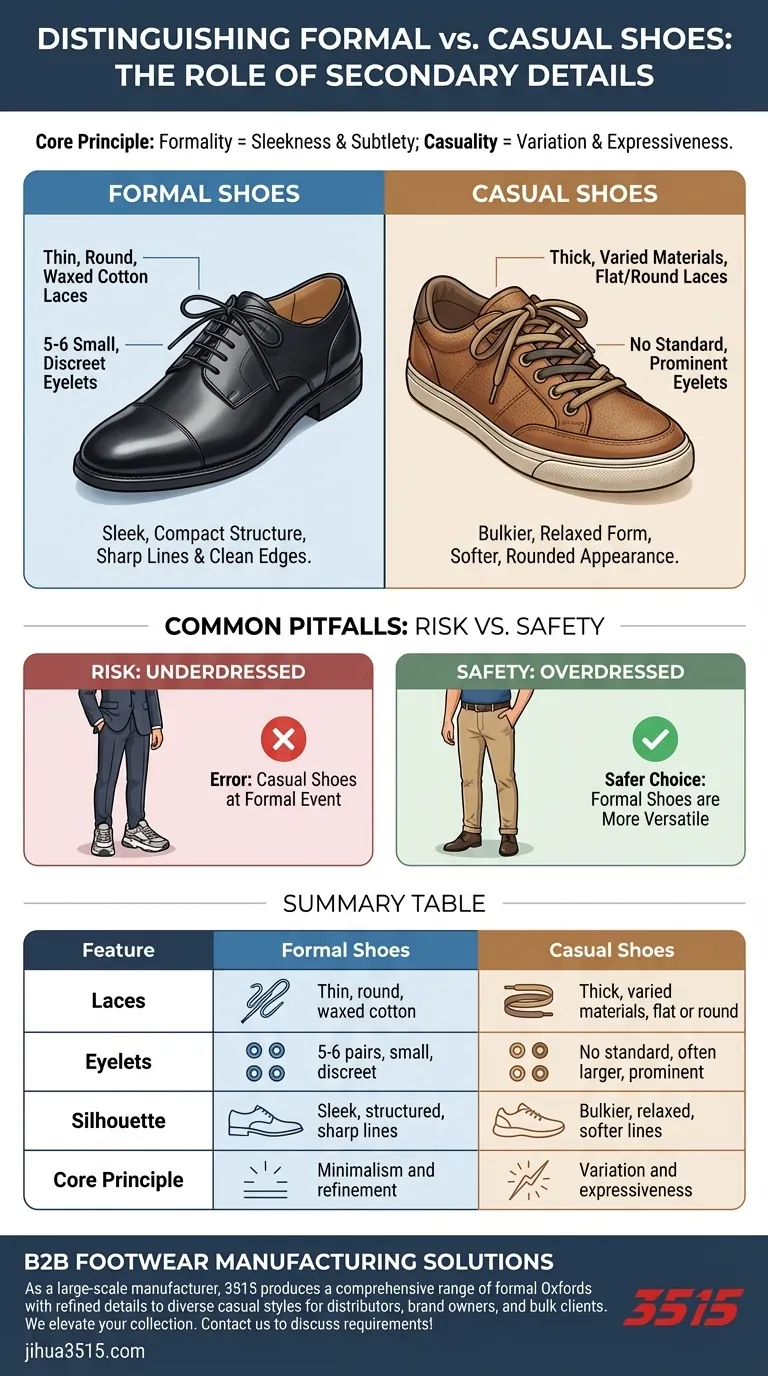 How do secondary details help distinguish between formal and casual shoes? A Guide to Laces & Eyelets Visual Guide