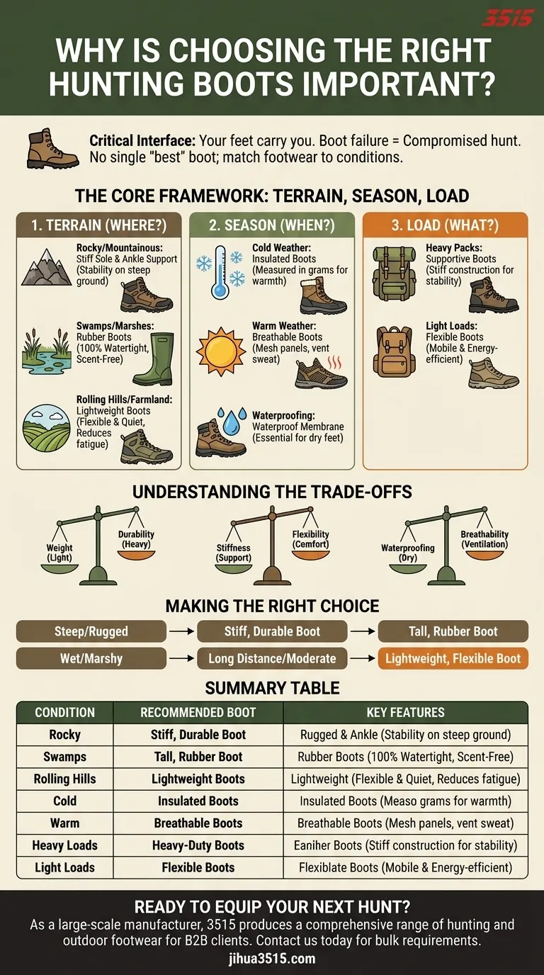 올바른 사냥용 부츠를 선택하는 것이 왜 중요할까요? 지형과 계절에 맞춰 부츠를 선택하세요. 시각적 가이드