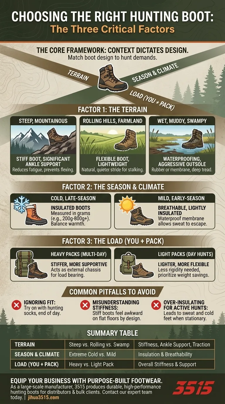 ما هي العوامل الثلاثة الرئيسية التي يجب مراعاتها عند اختيار أحذية الصيد؟ أتقن تضاريسك وموسمك وحملك دليل مرئي