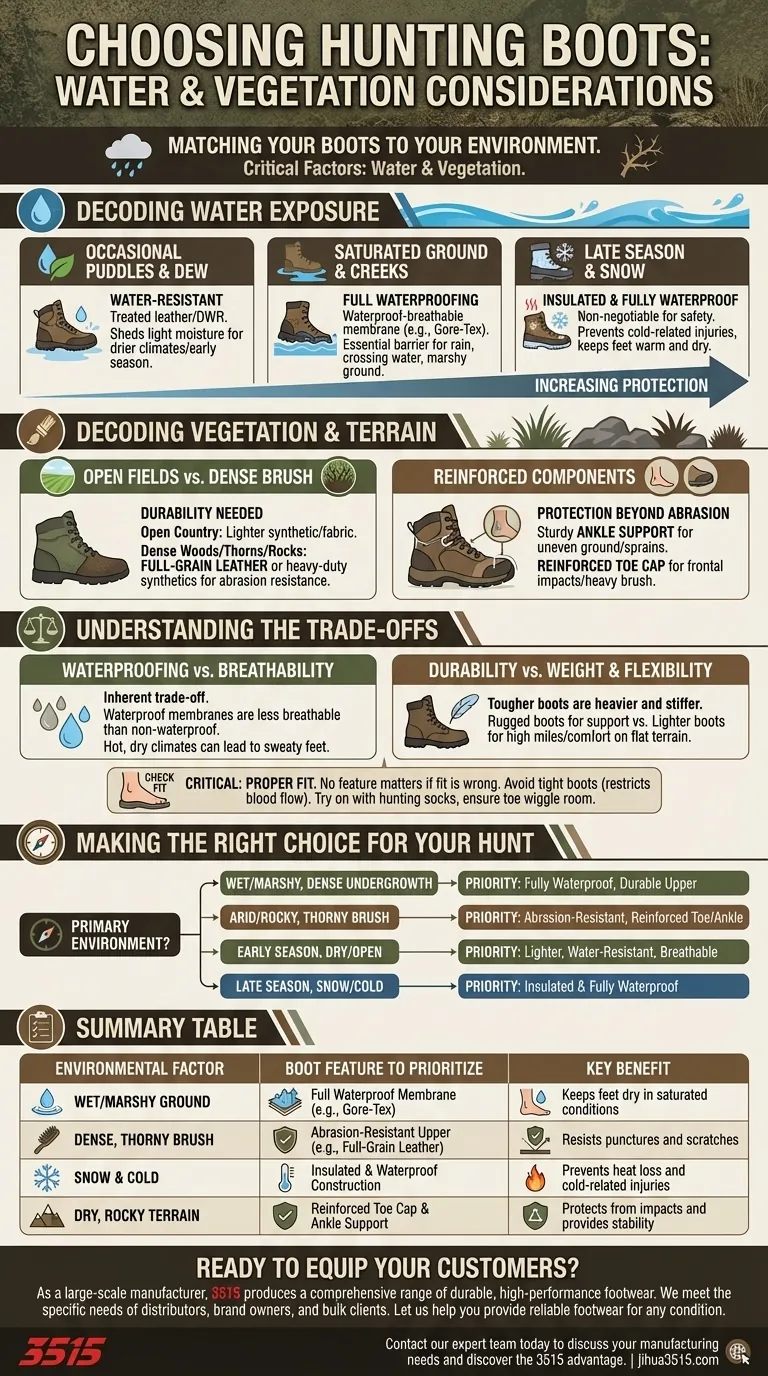 ¿Qué debes considerar sobre el agua y la vegetación al elegir botas de caza? Adapta tus botas a tu terreno Guía Visual