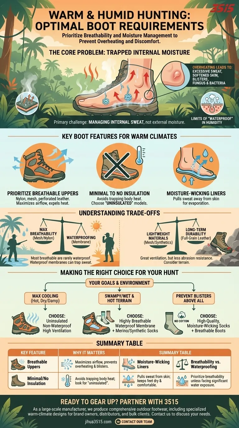 What are the boot requirements for warm and humid hunting conditions? Prioritize Breathability to Stay Cool Visual Guide