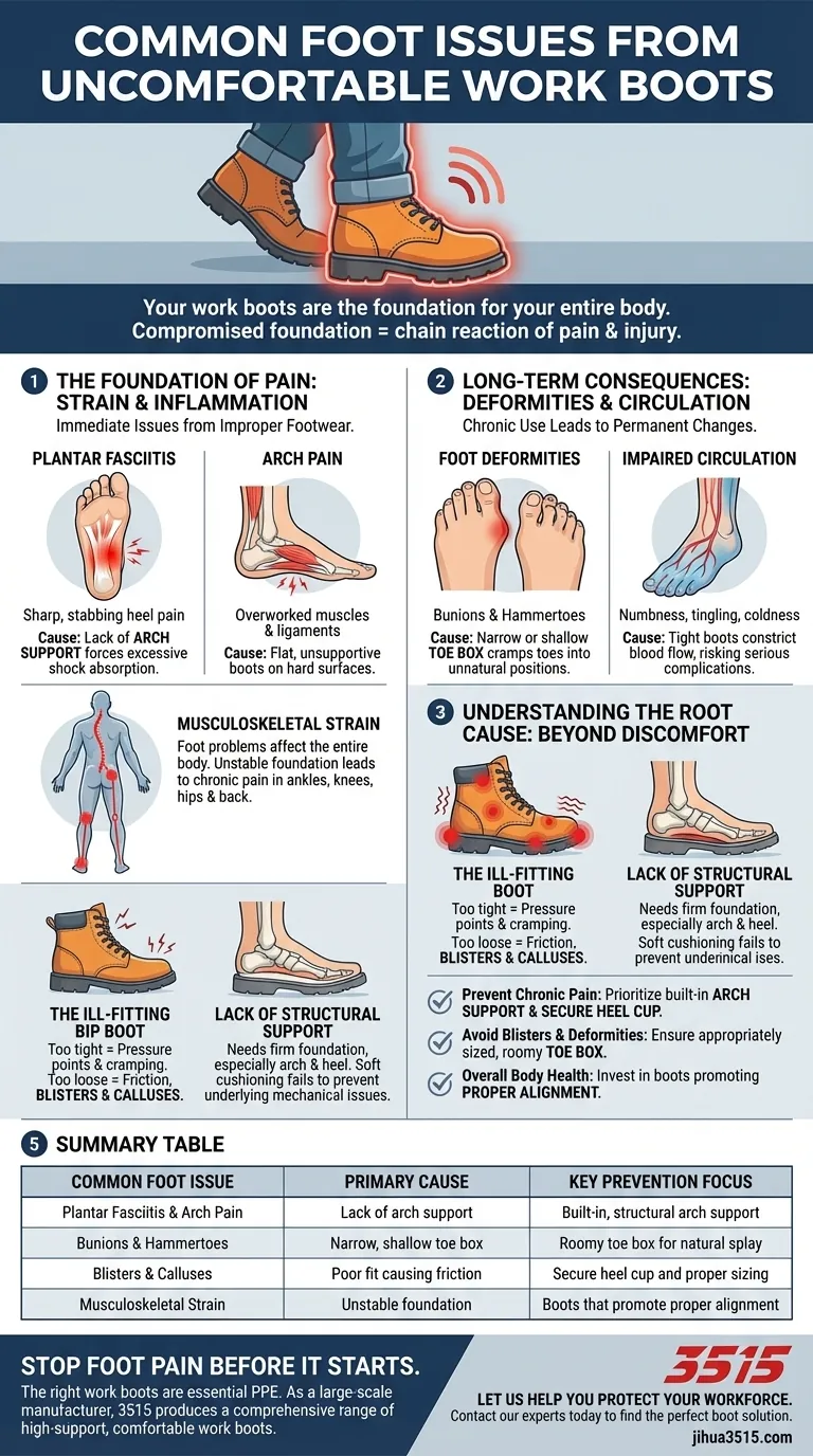 С какими распространенными проблемами ног сталкиваются работники из-за неудобной рабочей обуви? Предотвращение боли и деформаций Визуальное руководство
