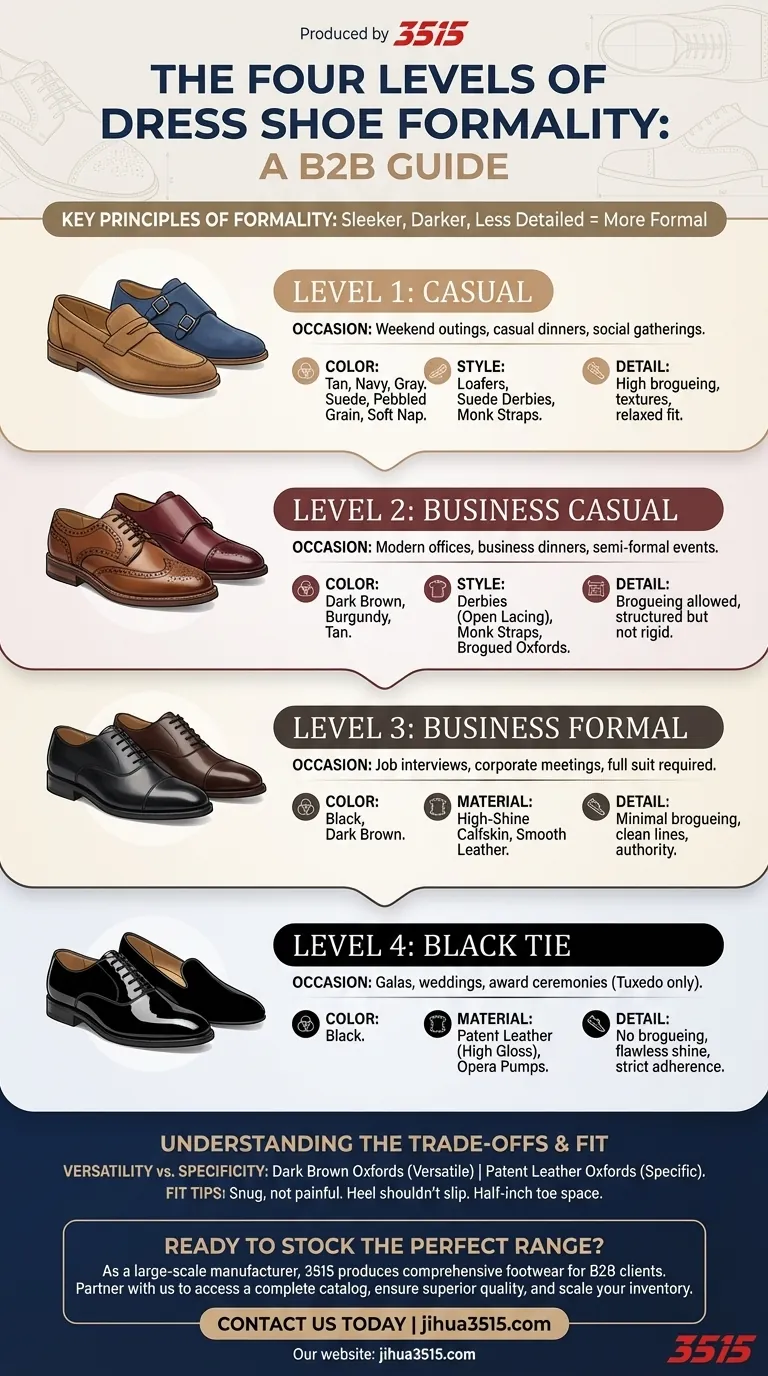 Каковы четыре уровня формальности в классической обуви? Руководство по цвету, стилю и материалу Визуальное руководство