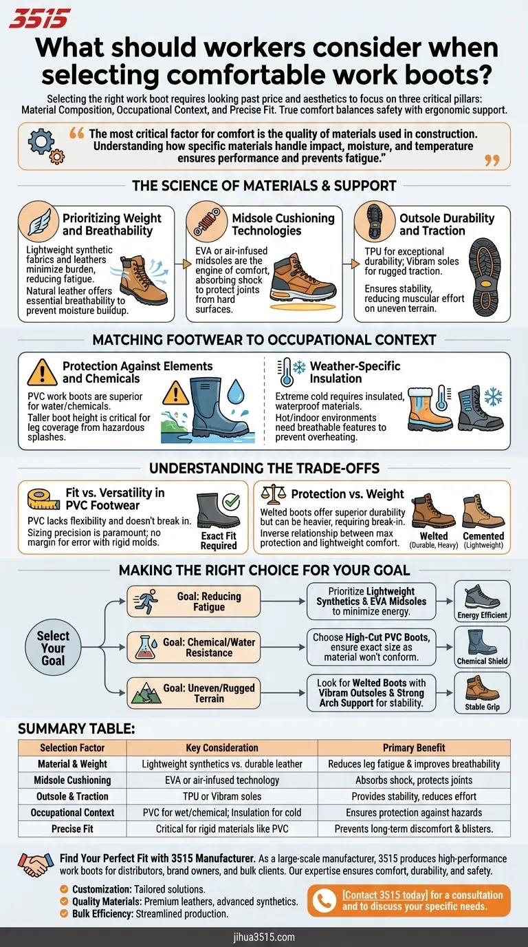 What should workers consider when selecting comfortable work boots? Prioritize Material, Fit, and Safety Visual Guide