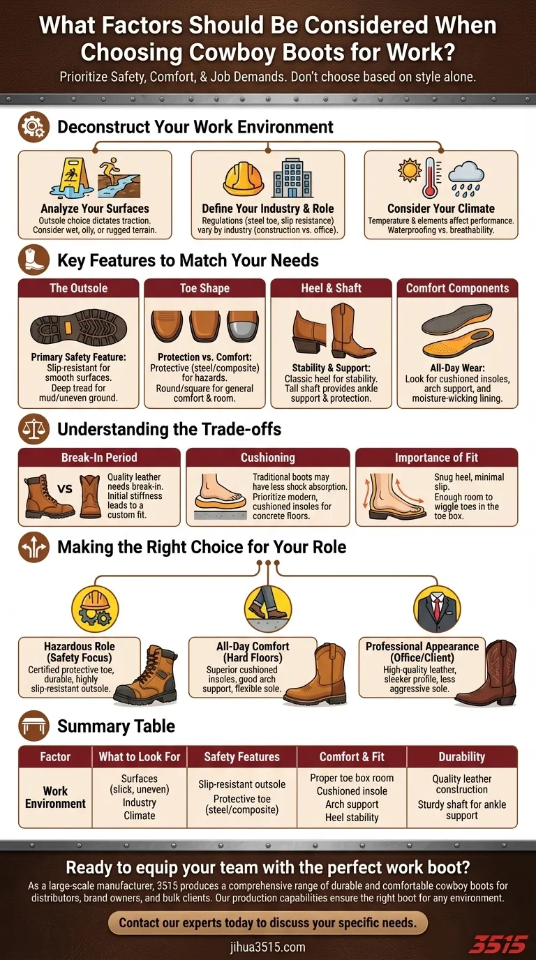 What factors should be considered when choosing cowboy boots for work? Find the Perfect Fit for Safety & Comfort Visual Guide