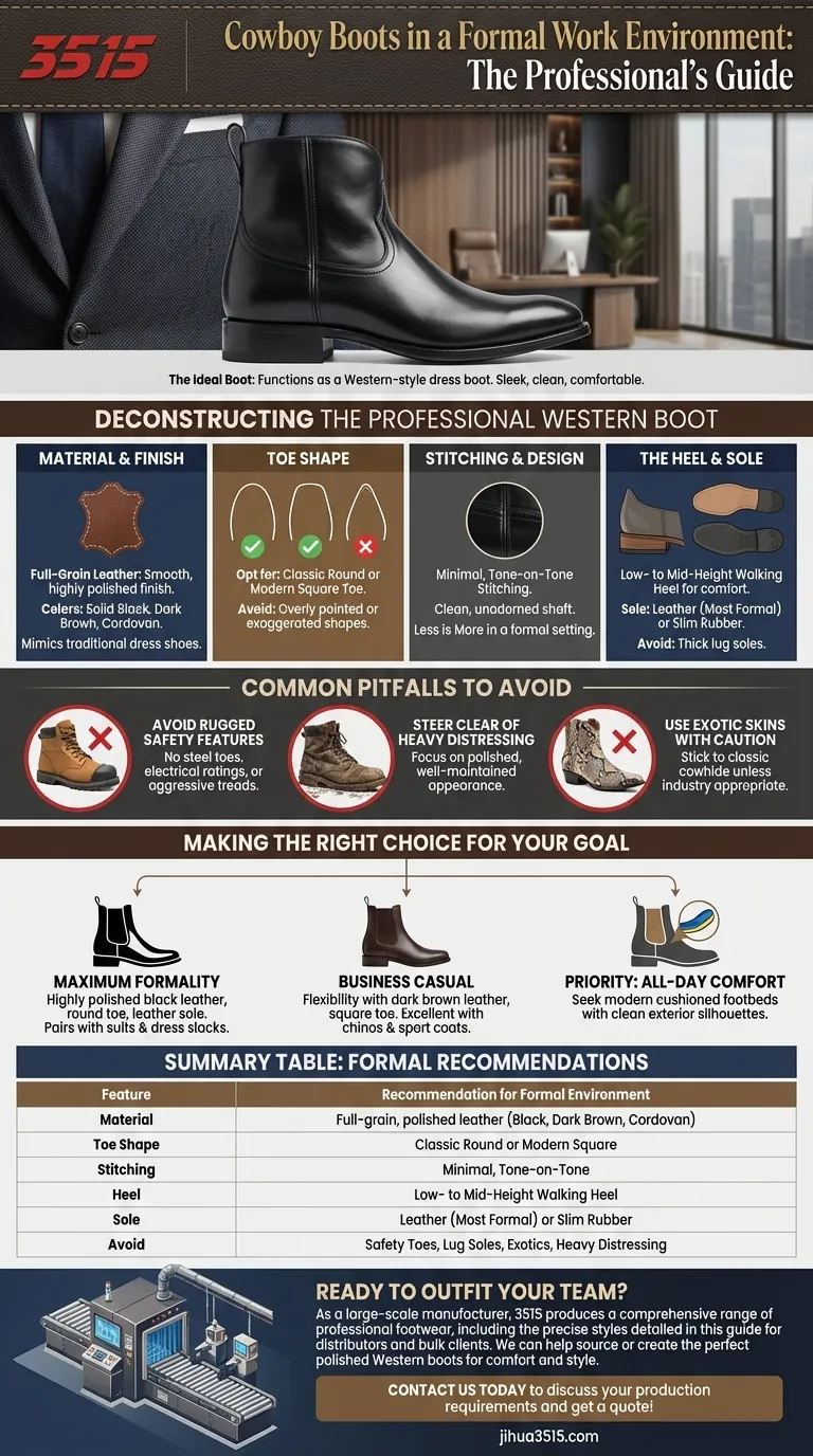 What are the recommended features for cowboy boots in a formal work environment? Achieve Professional Style & Comfort Visual Guide