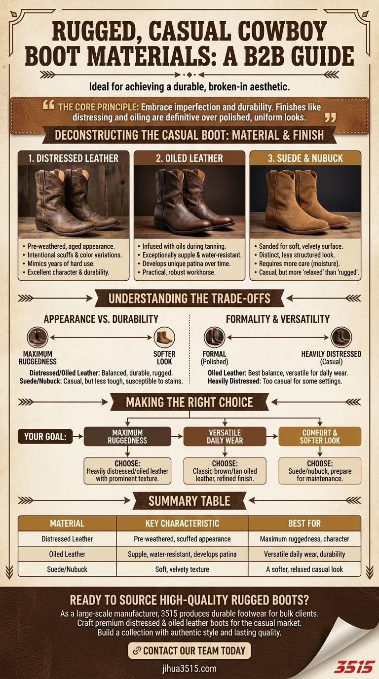 Welche Materialien eignen sich für einen robusten, lässigen Look bei Cowboystiefeln? Verwittertes & geöltes Leder sind entscheidend Visuelle Anleitung
