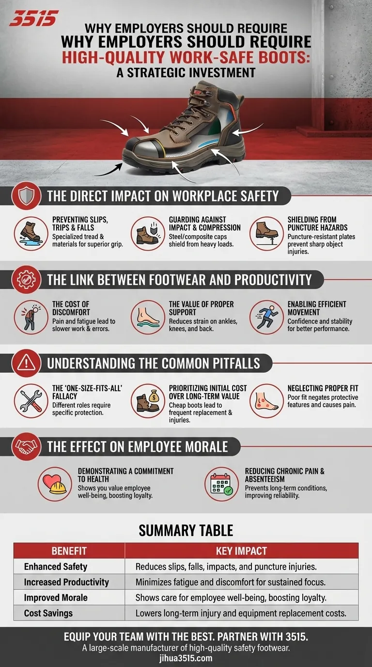 Why should employers require high-quality work-safe boots? Boost Safety & Productivity Now Visual Guide