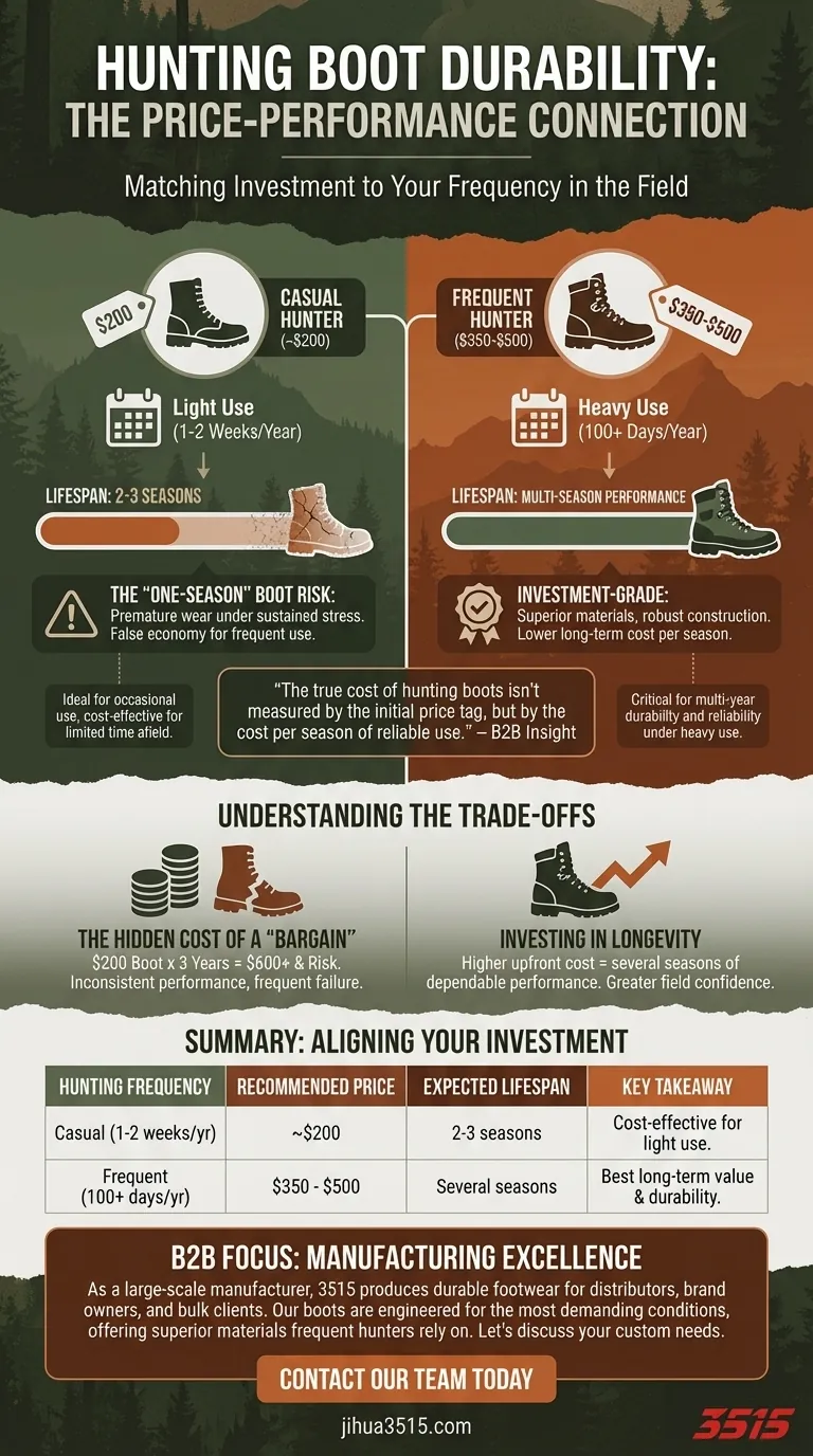 頻繁に狩猟を行うハンターにとって、耐久性のある狩猟ブーツは通常どの価格帯で手に入りますか？マルチシーズン対応には350ドル～500ドルを投資しましょう。 ビジュアルガイド