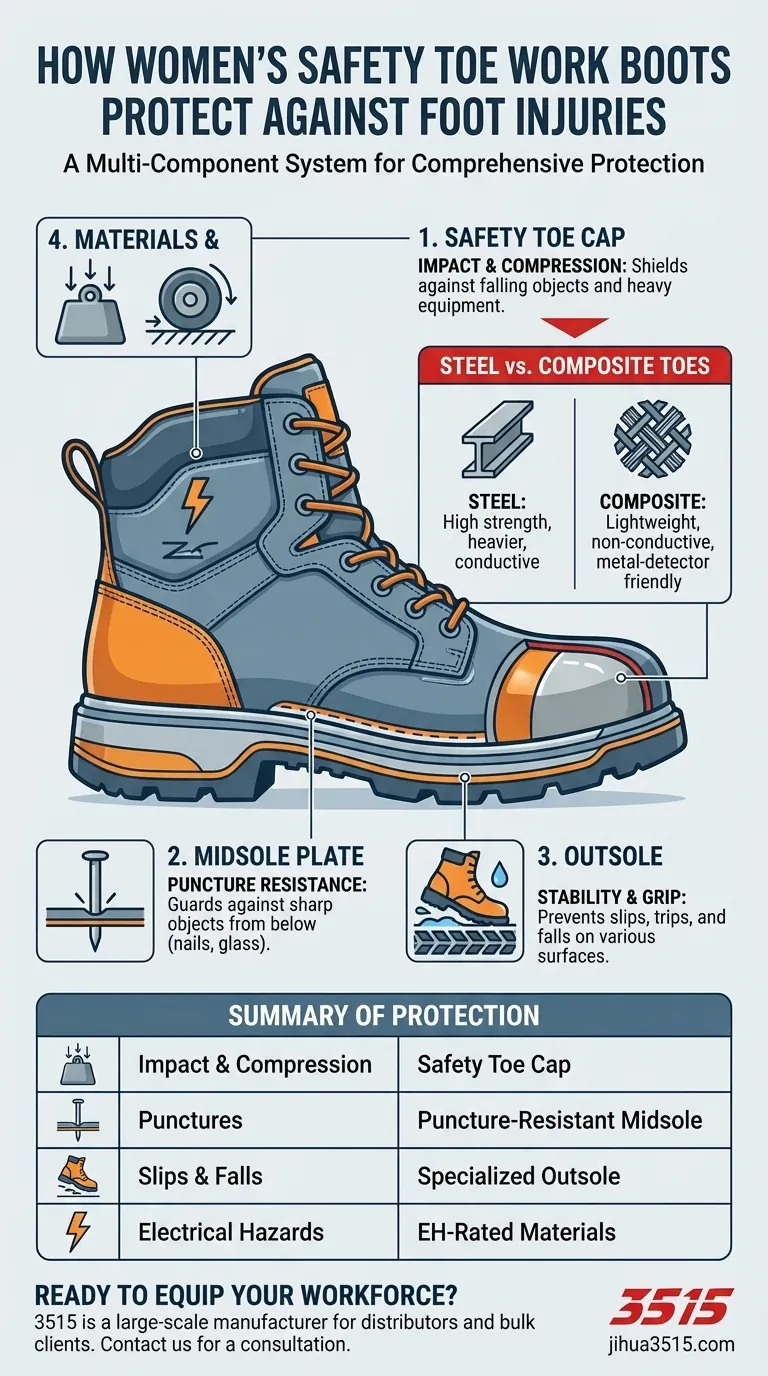 How do women's safety toe work boots protect against foot injuries? A Complete Guide to Workplace Foot Safety Visual Guide