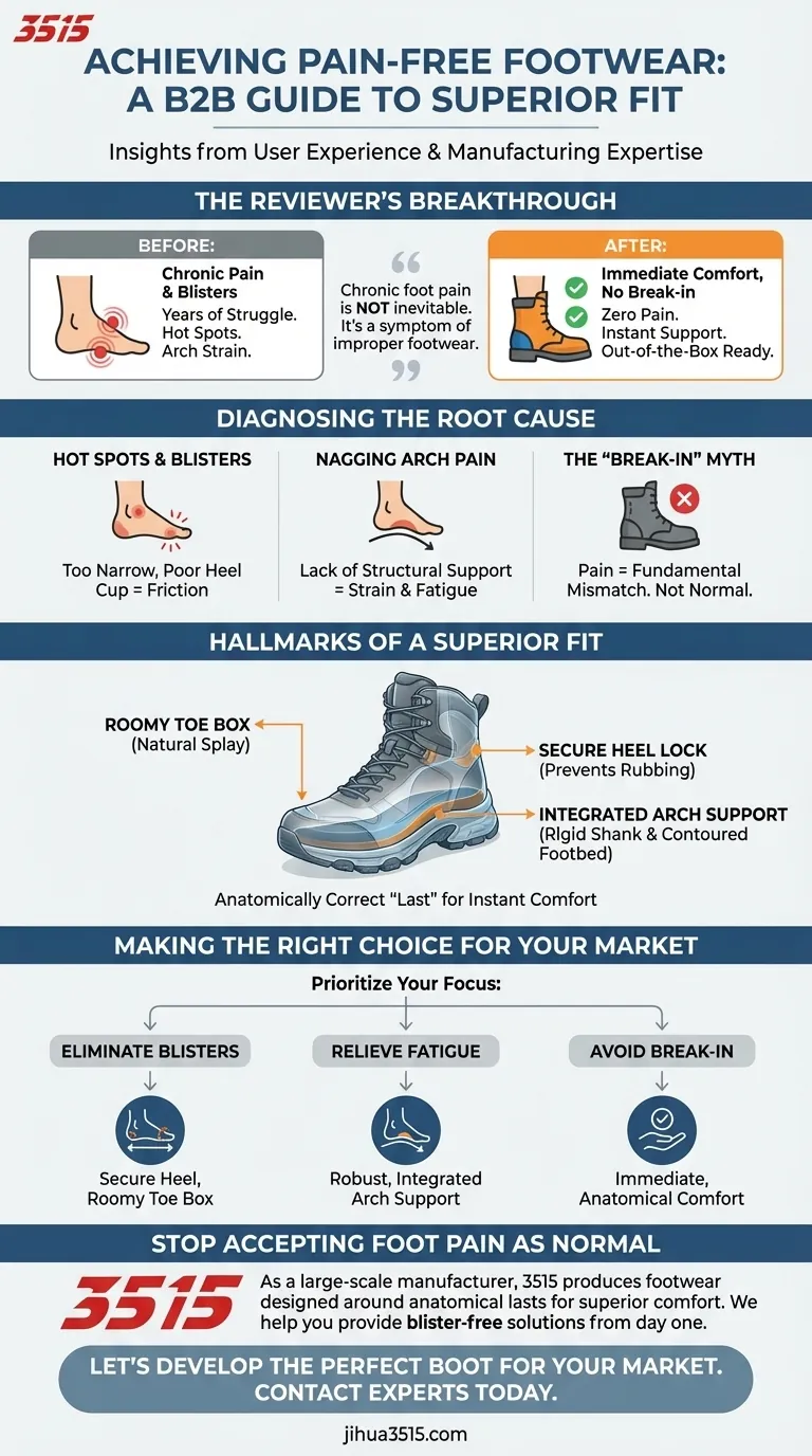 What improvements did the reviewer notice with the new boots? Eliminate Pain and Blisters Instantly Visual Guide