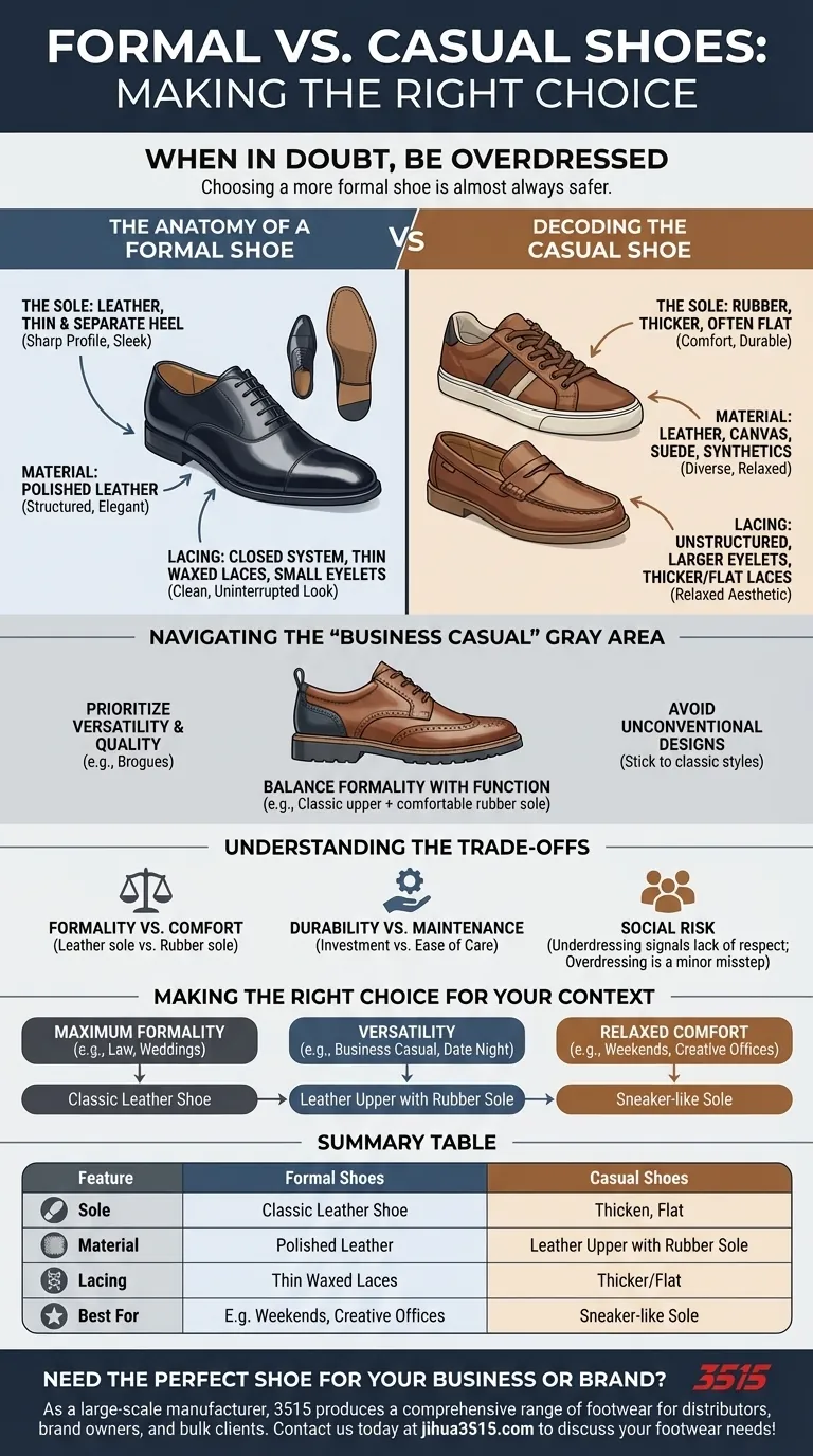Was ist eine allgemeine Faustregel bei der Wahl zwischen formellen und legeren Schuhen? Priorisieren Sie Formalität für Selbstvertrauen Visuelle Anleitung