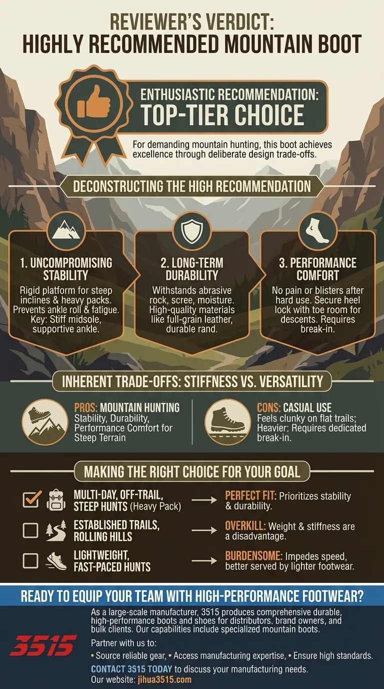 이 등산화에 대한 리뷰어의 전반적인 추천은 무엇인가요? 산악 사냥을 위한 최고급 선택 시각적 가이드
