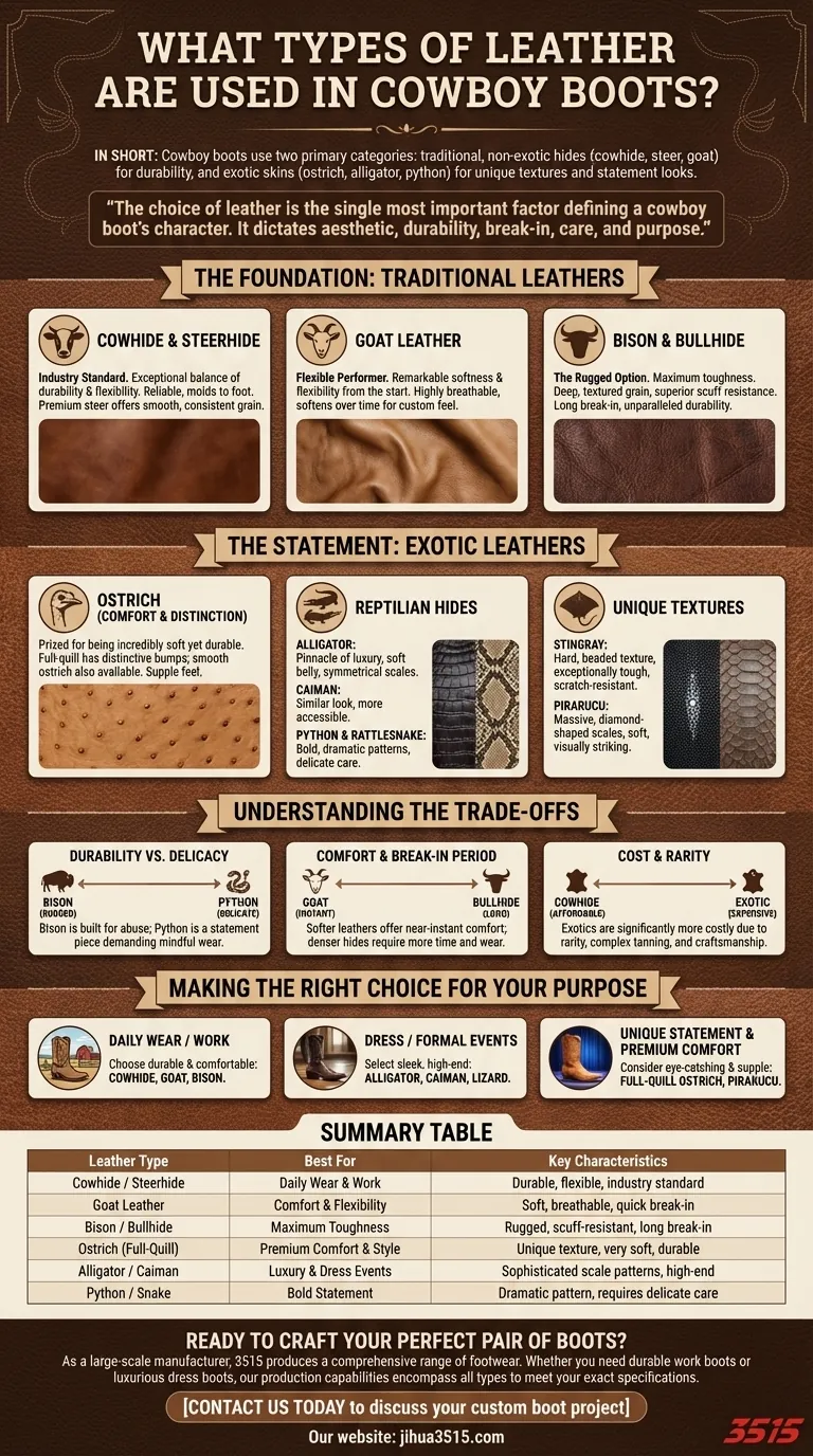 牛仔靴使用哪些类型的皮革？从耐用的主力到别致的宣言。 图解指南