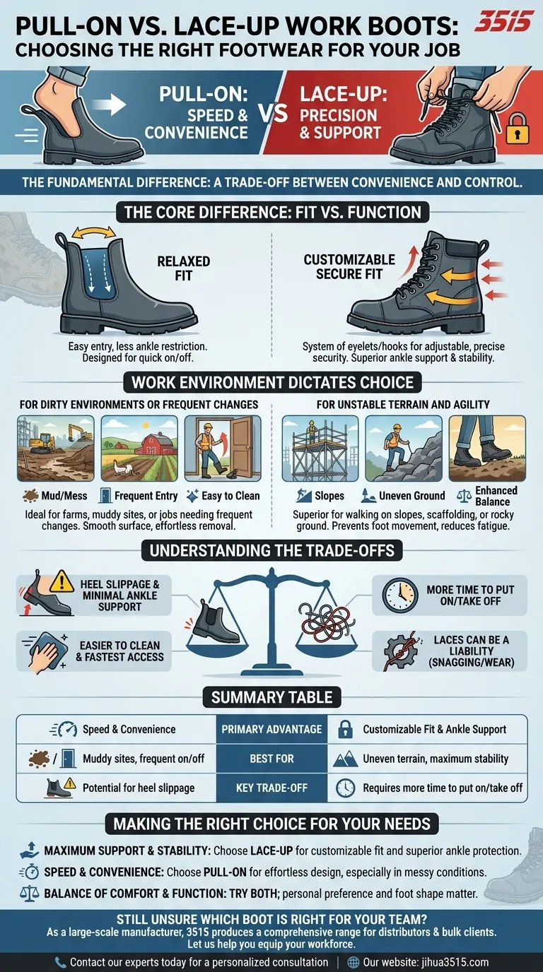 Quali sono le principali differenze tra stivali da lavoro pull-on e con lacci? Trova la calzata perfetta per sicurezza e comfort Guida Visiva