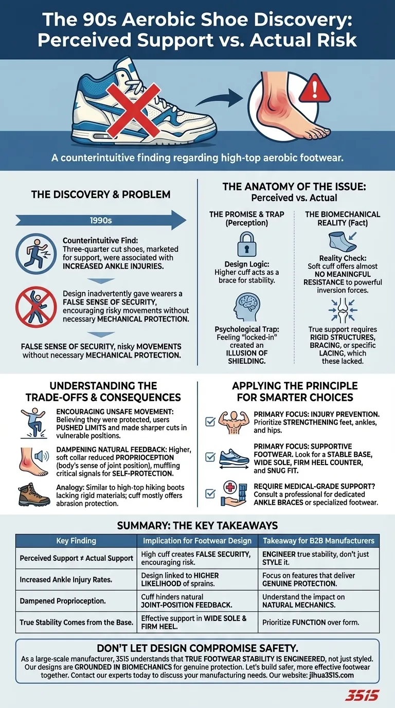 What was discovered about three-quarter cut aerobic shoes in the 90s? The Dangerous Illusion of Ankle Support Visual Guide