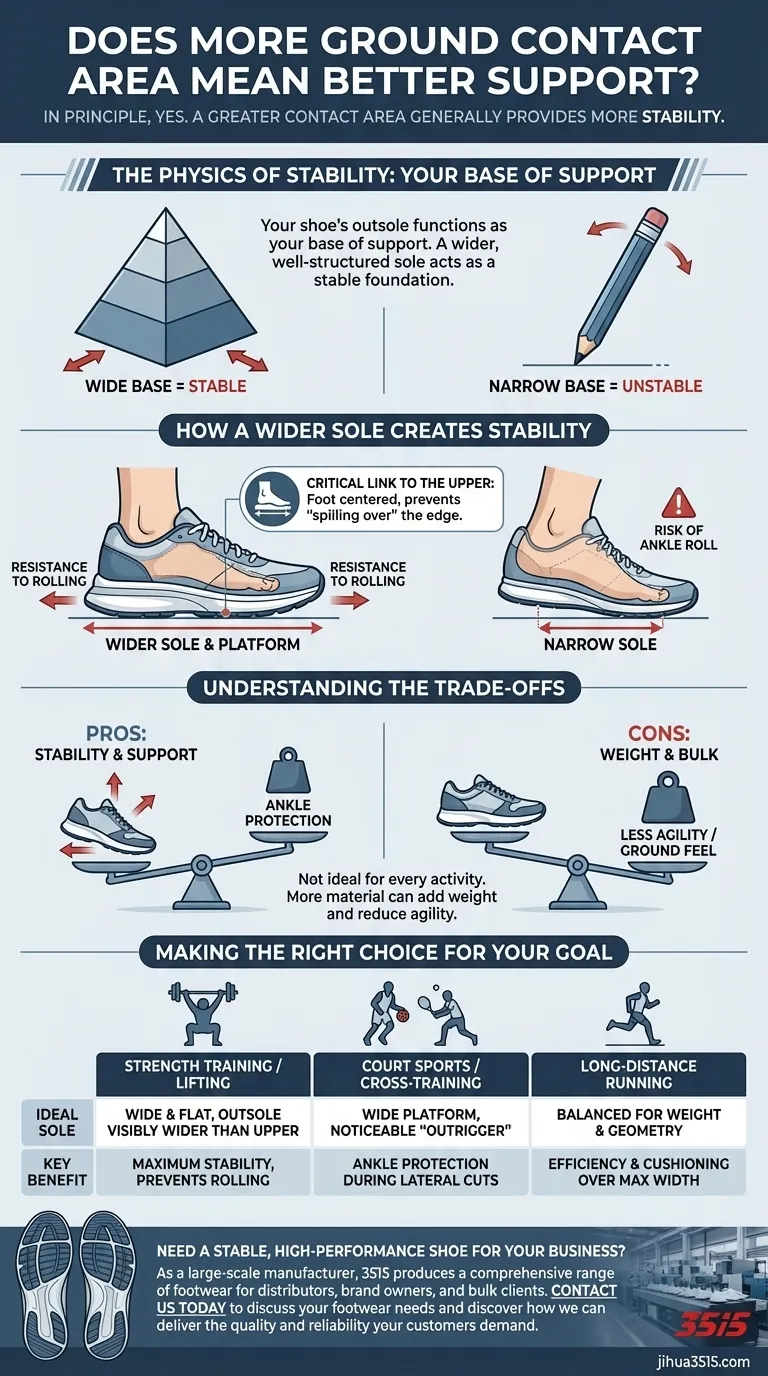 地面との接地面が広いほど、サポート力は向上するのでしょうか？安定したフットウェアの秘密を解き明かす ビジュアルガイド
