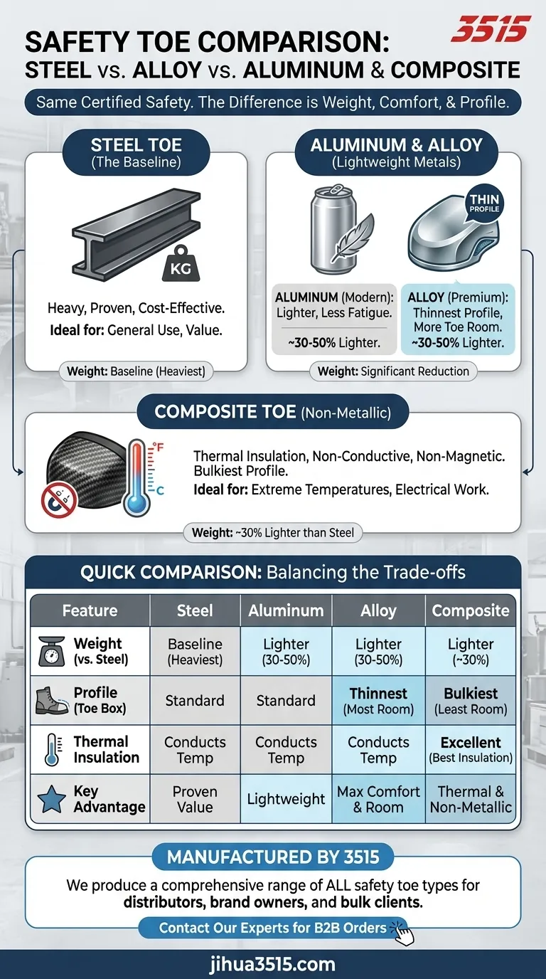 How do alloy and aluminum toes compare to steel toes? Lighter, Thinner, More Comfortable. Visual Guide